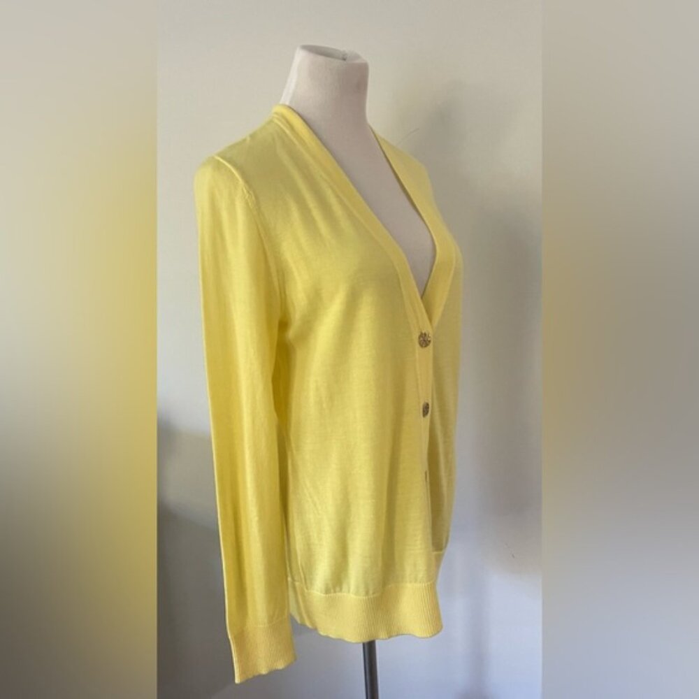 NEW NWOT TORY BURCH SIMONE LEMON CURD CLASSIC GOLD SIGNATURE BUTTON CARDIGAN XL - Picture 6 of 11